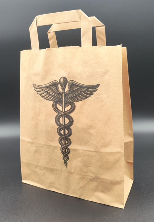 Szalagfüles papírtáska 18cm. x 22cm. x 8cm. 10 db. BARNA, PATIKA