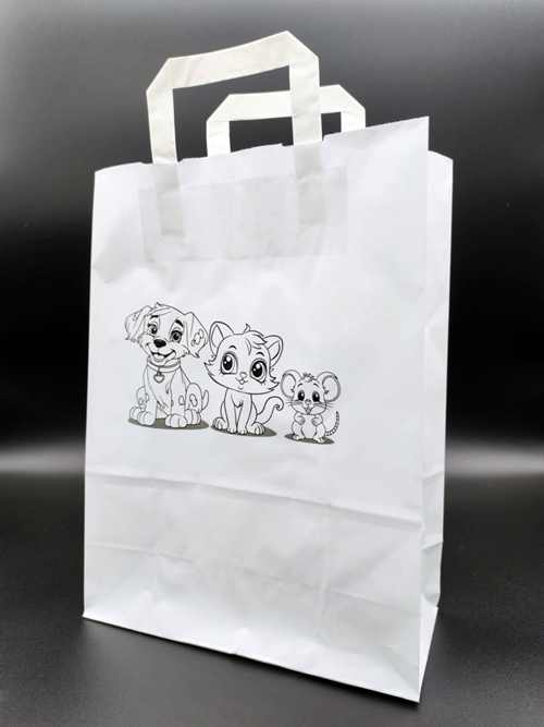 Szalagfüles papírtáska 26cm. x 35cm. x 12cm. 10 db. FEHÉR, ÁLLATOS