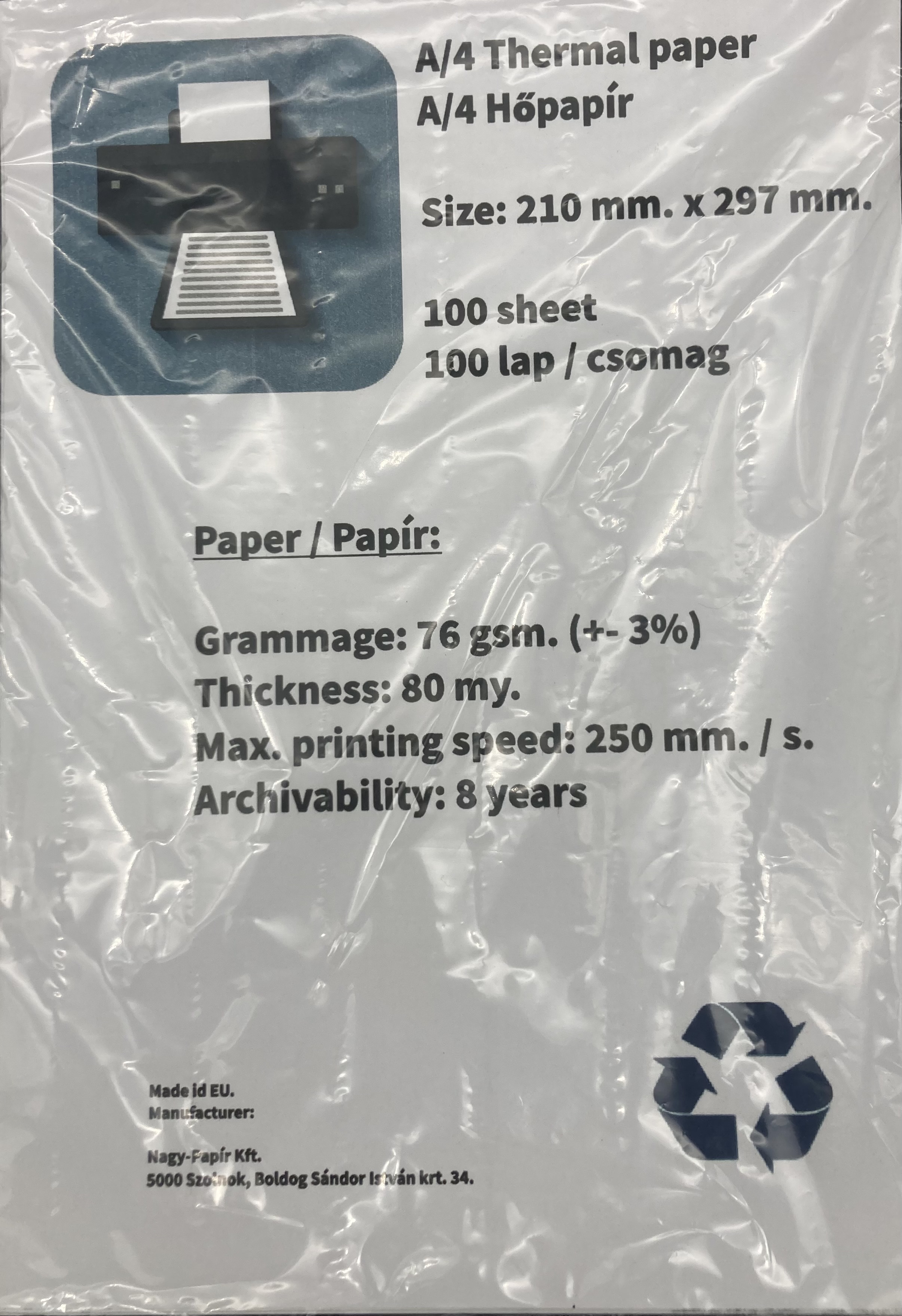 A/4 hőpapír, 100 lap / csomag